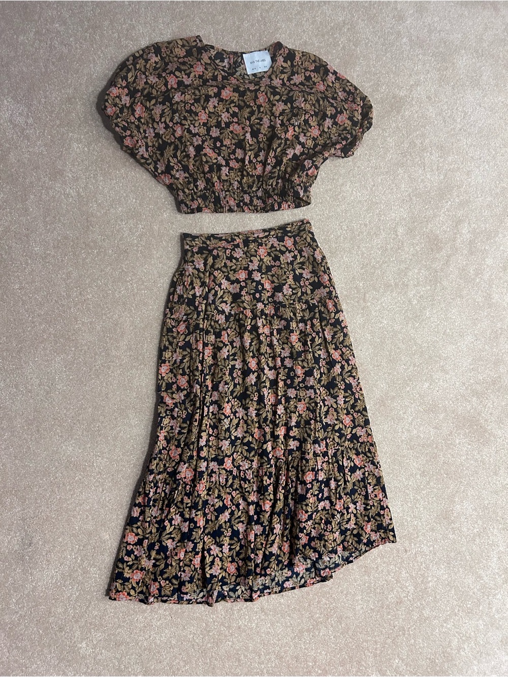 Floral Black Midi Skirt and Crop Top- Vintage-Inspired